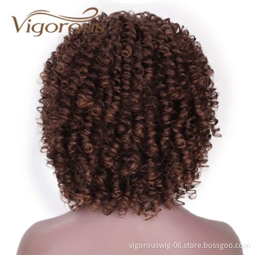 Vigorous Wholesale Short Kinky Curly Fluffy Brown Machine Made Heat Resistant Fiber Cosplay For Black Women Synthetic Hair Wigs
